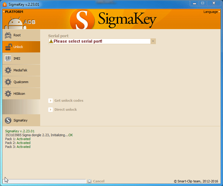 please select serial port sigmakey unlock